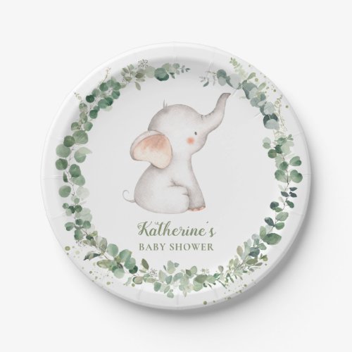 Cute Elephant Greenery Gender Neutral Baby Shower  Paper Plates