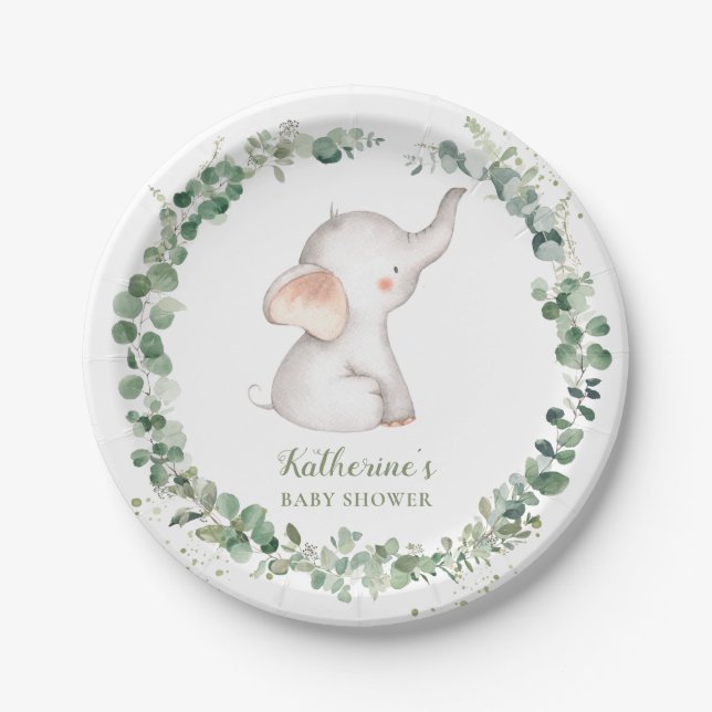 Cute Elephant Greenery Gender Neutral Baby Shower  Paper Plates (Front)