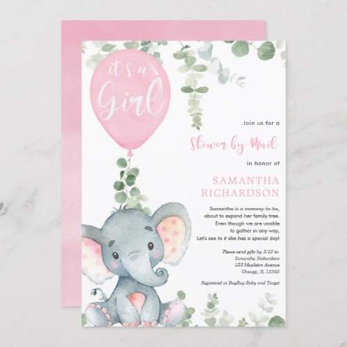 Cute elephant greenery girl shower by mail invitation