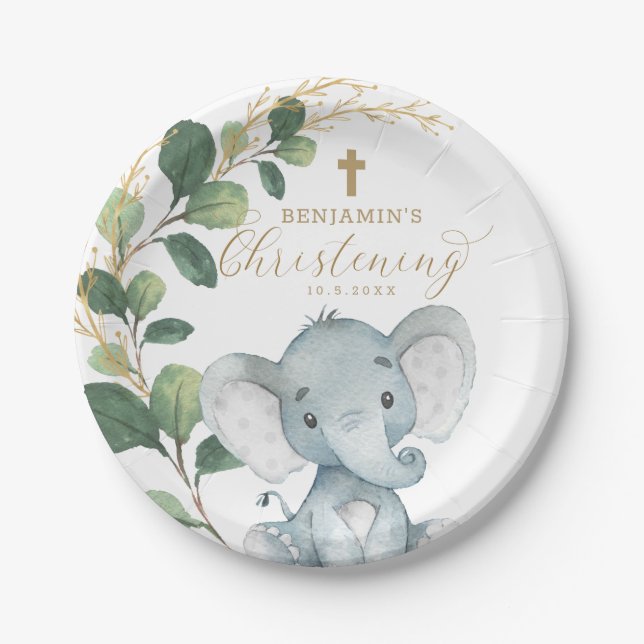 Cute Elephant Greenery Gold Leaves Christening Paper Plates (Front)