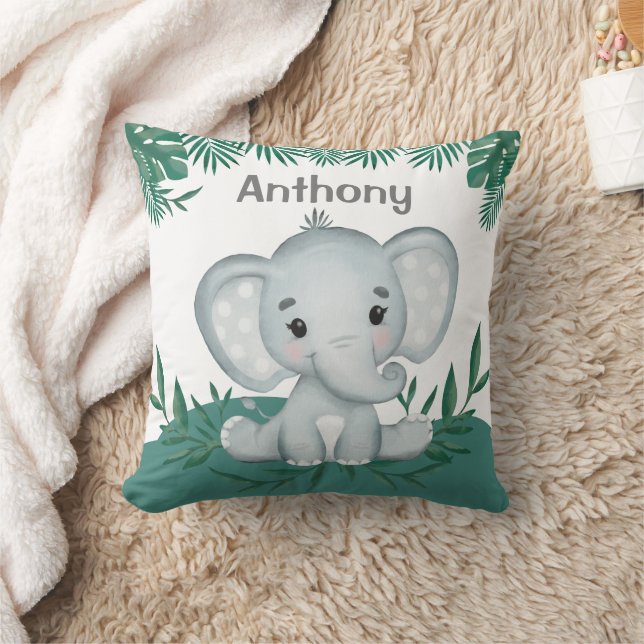Cute Elephant Greenery Name Kids Throw Pillow (Blanket)