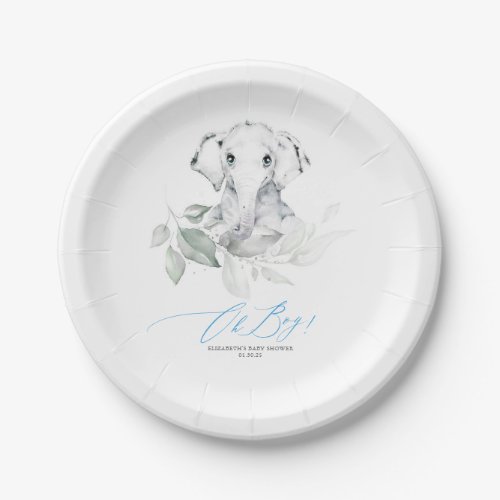 Cute Elephant Greenery Oh Boy Baby Shower Paper Plates
