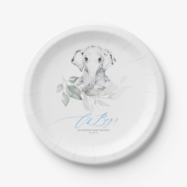 Cute Elephant Greenery Oh Boy Baby Shower Paper Plates (Front)