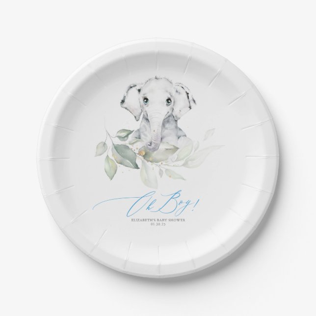 Cute Elephant Greenery Oh Boy Baby Shower Paper Plates (Front)