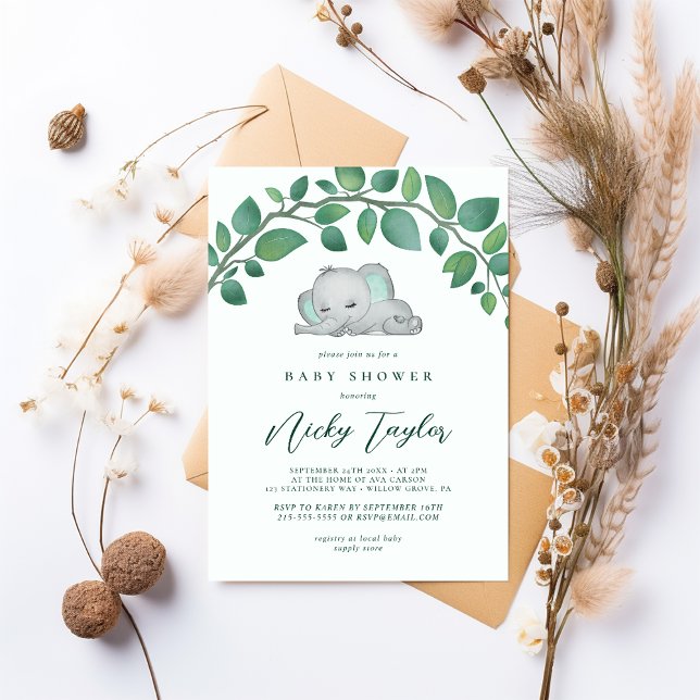 Cute Elephant Greenery Watercolor Baby Shower Invitation (Creator Uploaded)