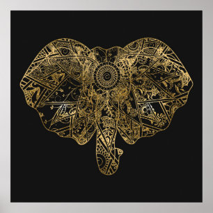 Cute Elephant hand drawn Henna floral Poster