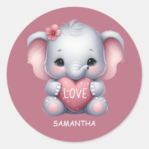 Cute Elephant Heart Love Pink Happy Valentines Day Classic Round Sticker