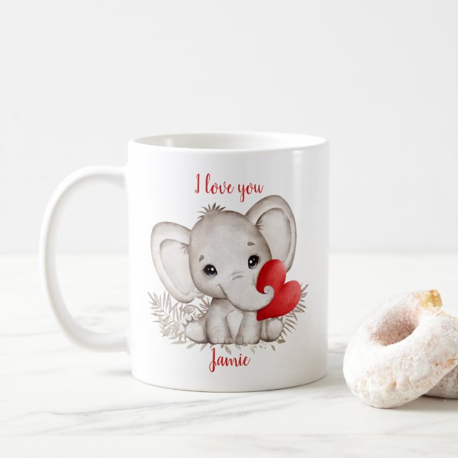 Cute Elephant Heart Valentine love Personalized Coffee Mug (With Donut)
