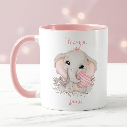 Cute Elephant Heart Valentine love Pink Name Mug