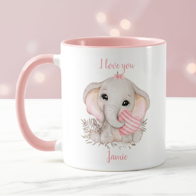 Cute Elephant Heart Valentine love Pink Name Mug (Cute Elephant Heart Valentine love Pink Name Mug)