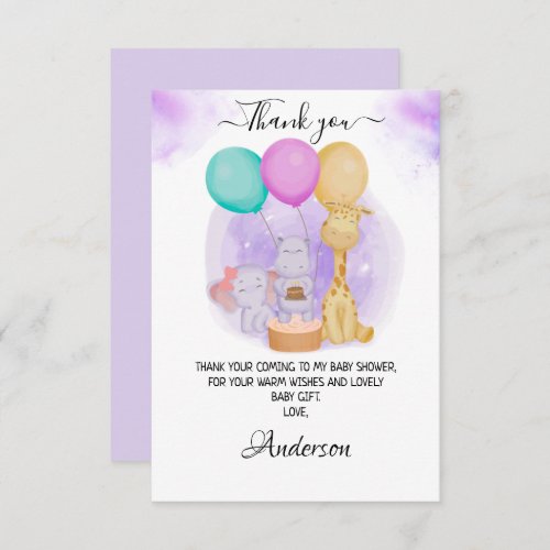 Cute Elephant Hippo Giraffe Balloons Baby Shower T Thank You Card