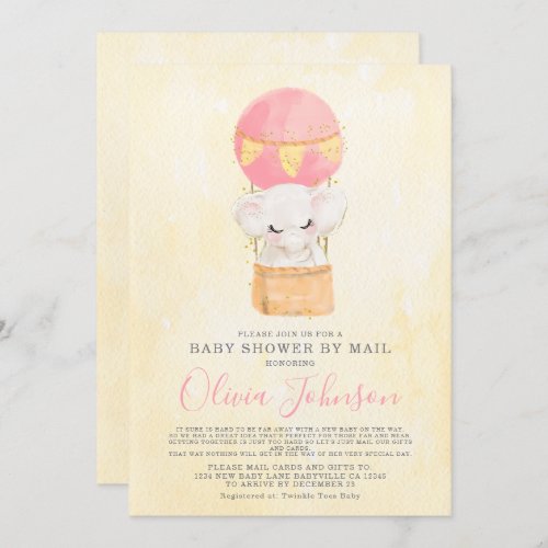 Cute Elephant Hot Air Balloon Baby Shower by Mail Invitation