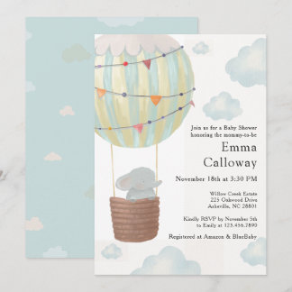 Cute Elephant Hot Air Balloon Baby Shower Invitation