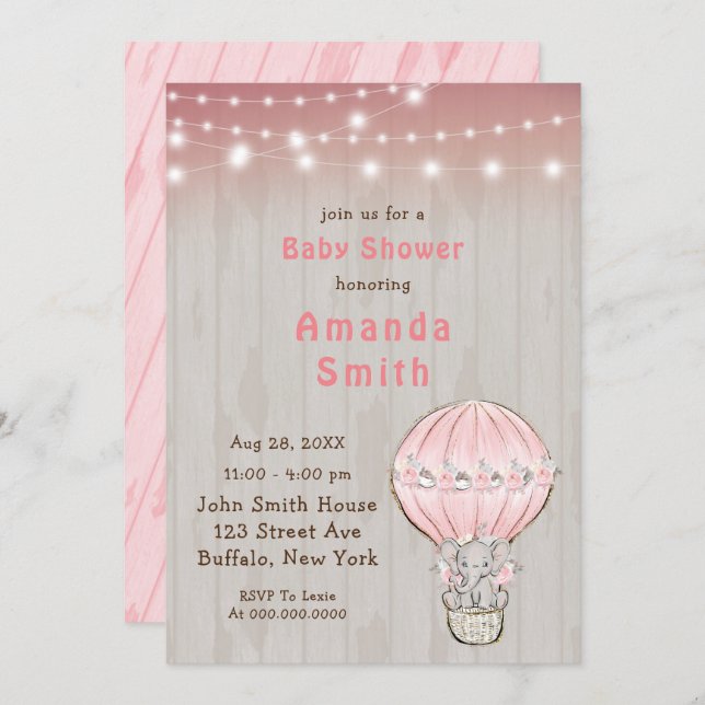 Cute Elephant Hot Air Balloon Baby Shower  Invitation (Front/Back)