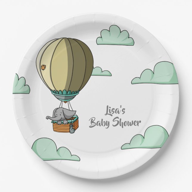 Cute Elephant Hot Air Balloon Baby Shower Paper Plates (Front)