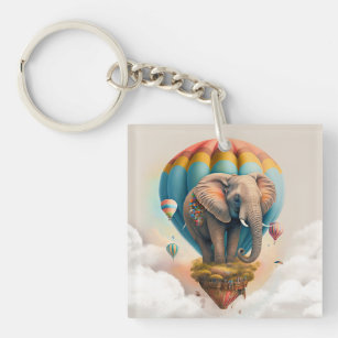 Cute Elephant Hot Air Balloon Whimsical Animal Keychain