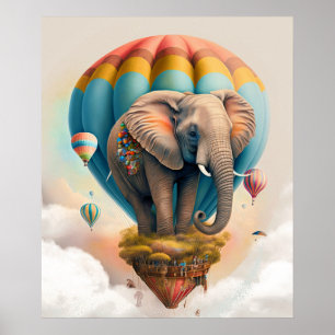 Cute Elephant Hot Air Balloon Whimsical Animal Poster