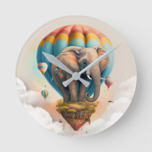 Cute Elephant Hot Air Balloon Whimsical Animal Round Clock