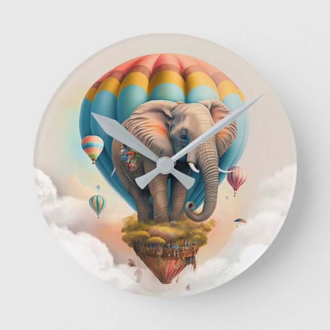 Cute Elephant Hot Air Balloon Whimsical Animal Round Clock (Front)