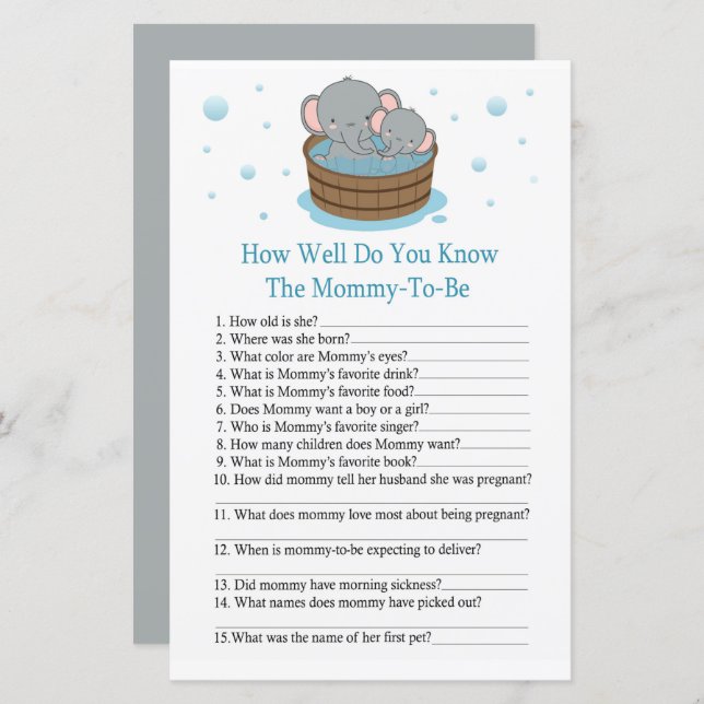 Cute Elephant How well do you know baby showergame (Front/Back)