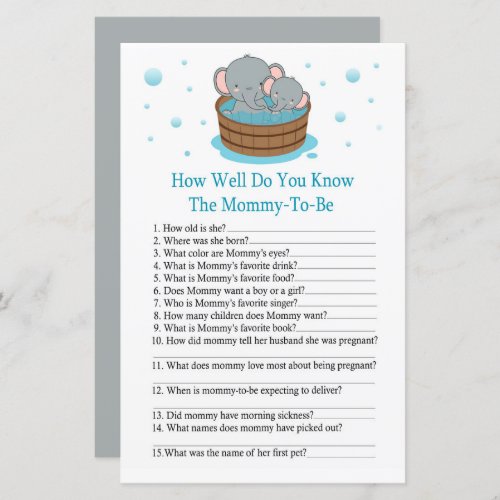 Cute Elephant How well do you know baby showergame
