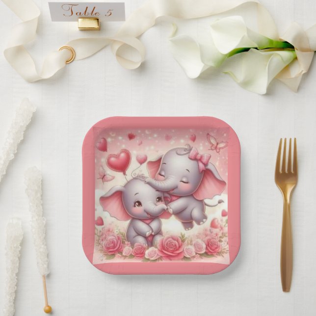  Cute Elephant Hugs,  Hearts & Roses  Paper Plates (Wedding)