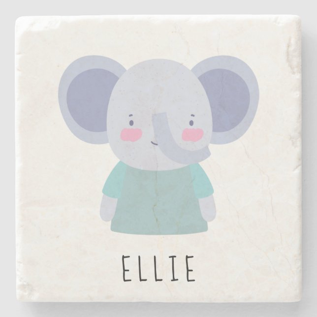 Cute Elephant Illustration - Customizable Stone Coaster (Front)