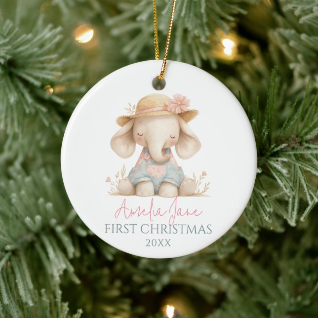 Cute Elephant Illustration Girl First Christmas Ceramic Ornament (Tree)