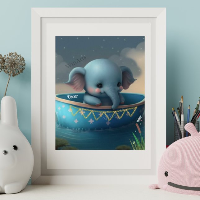 Cute Elephant in a Boat Personalized Art Nursery Poster (Creator Uploaded)