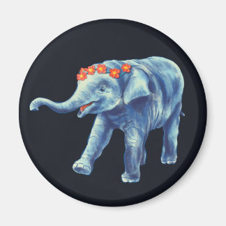 Cute Elephant In Blue With Wreath Of Flowers Kids Magnet