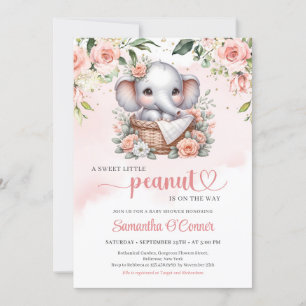 Cute elephant in floral basket boho blush roses invitation