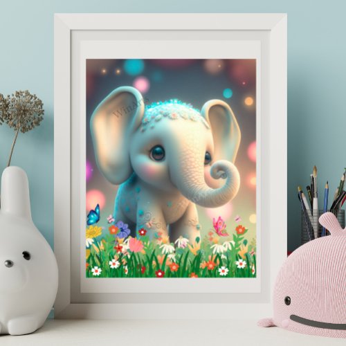 Cute Elephant in Garden of Flowers Nursery Art Poster