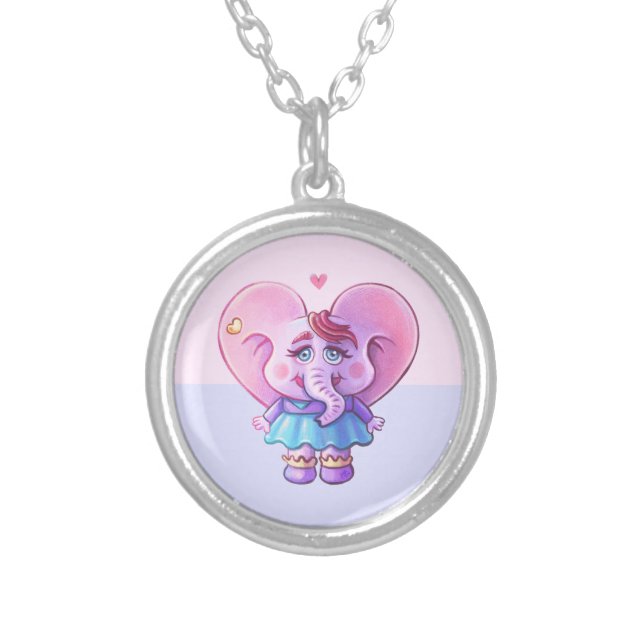 Cute Elephant In Love Silver Plated Necklace (Front)
