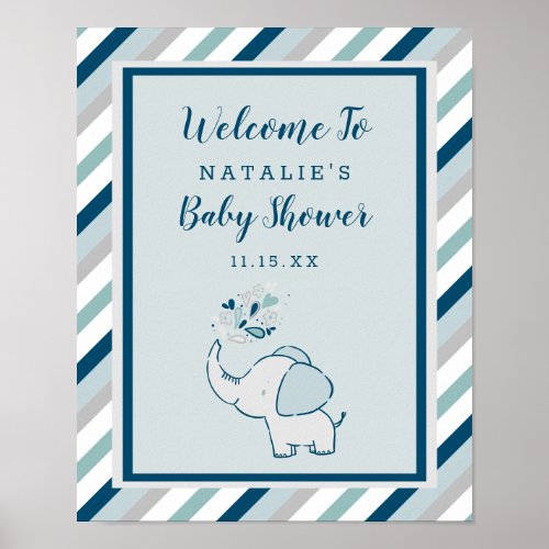 Cute Elephant in Navy  Mint Baby Shower Welcome Poster