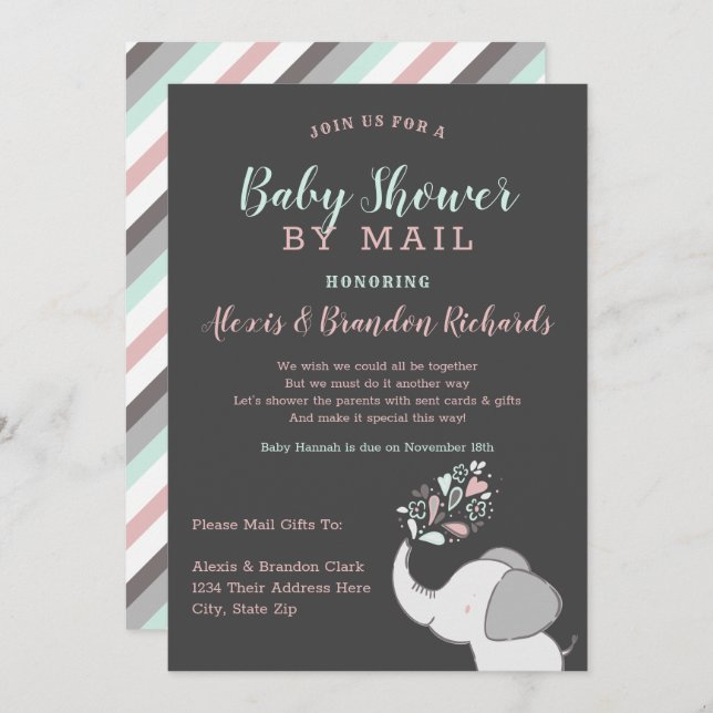 Cute Elephant in Pink & Mint Baby Shower by Mail Invitation (Front/Back)