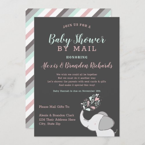 Cute Elephant in Pink  Mint Baby Shower by Mail Invitation