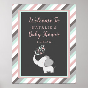 Cute Elephant in Pink & Mint Baby Shower Welcome Poster