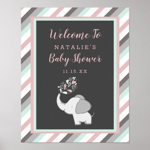 Cute Elephant in Pink  Mint Baby Shower Welcome Poster