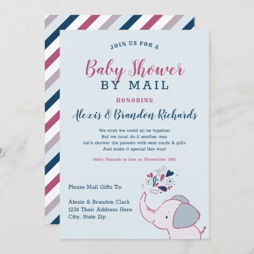 Cute Elephant in Pink  Navy Baby Shower by Mail Invitation