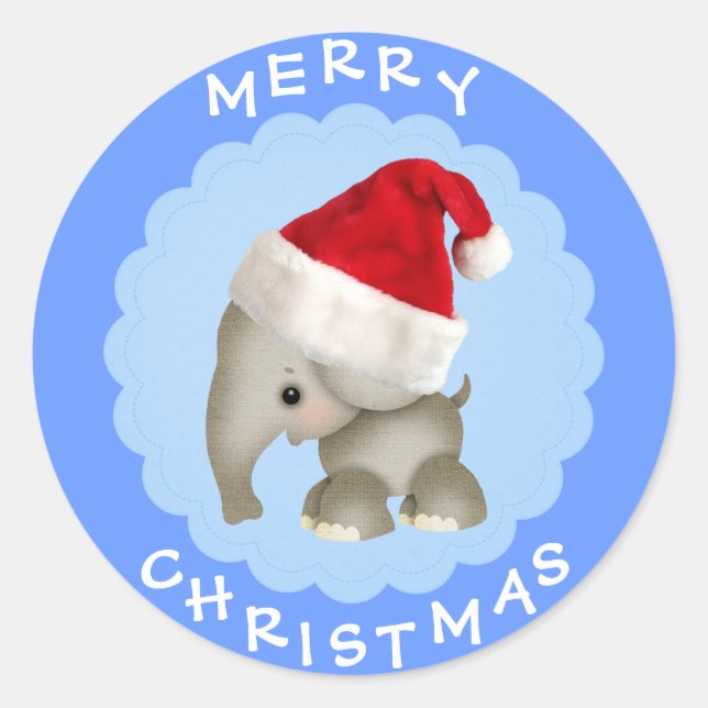 Cute Elephant in Santa Hat Blue Christmas Stickers (Front)