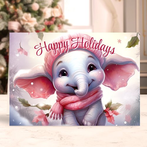 Cute Elephant In Scarf Happy Holidays Holiday Card