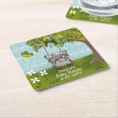 Cute Elephant In Swing Baby Shower Square Paper Coaster