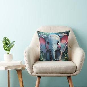Cute Elephant in the Rain Throw Pillow