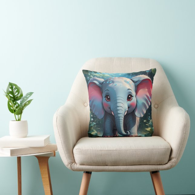 Cute Elephant in the Rain Throw Pillow (Chair)