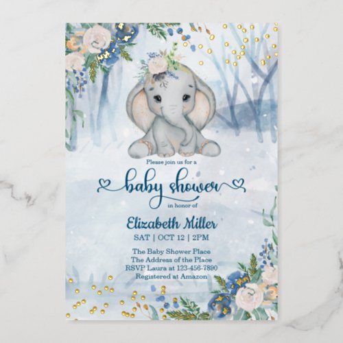 Cute Elephant In The Winter Forest Baby Shower  Foil Invitation