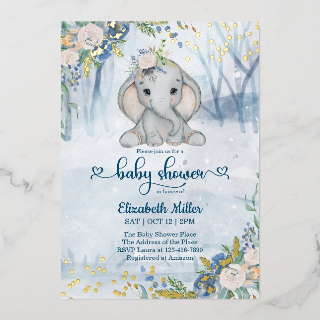 Cute Elephant In The Winter Forest Baby Shower  Foil Invitation (Front)
