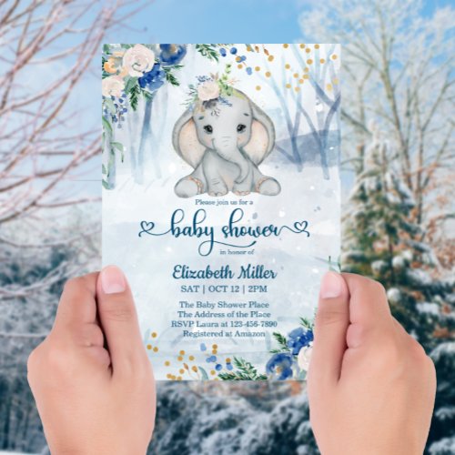 Cute Elephant In The Winter Forest Baby Shower Invitation