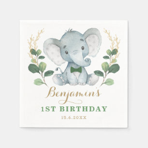 Cute Elephant Jungle Greenery 1st Birthday Napkins
