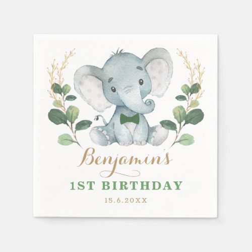 Cute Elephant Jungle Greenery 1st Birthday Napkins
