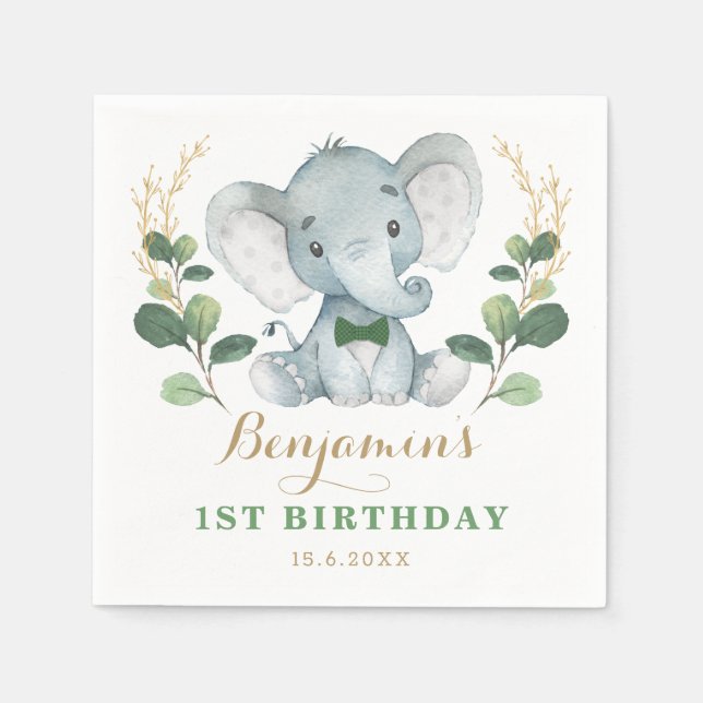 Cute Elephant Jungle Greenery 1st Birthday Napkins (Front)